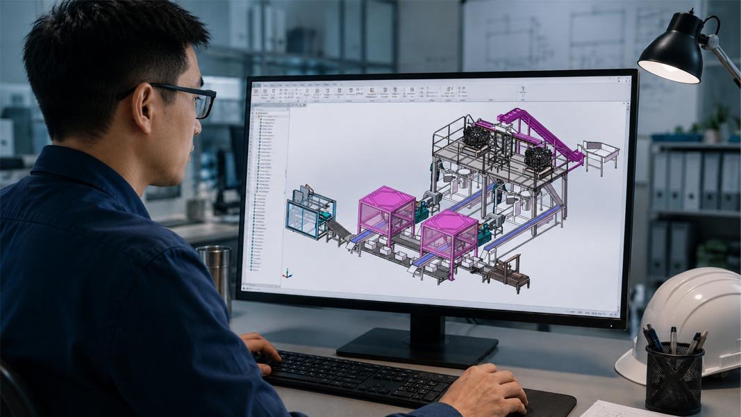 An engineer designing a packaging line layout on a computer