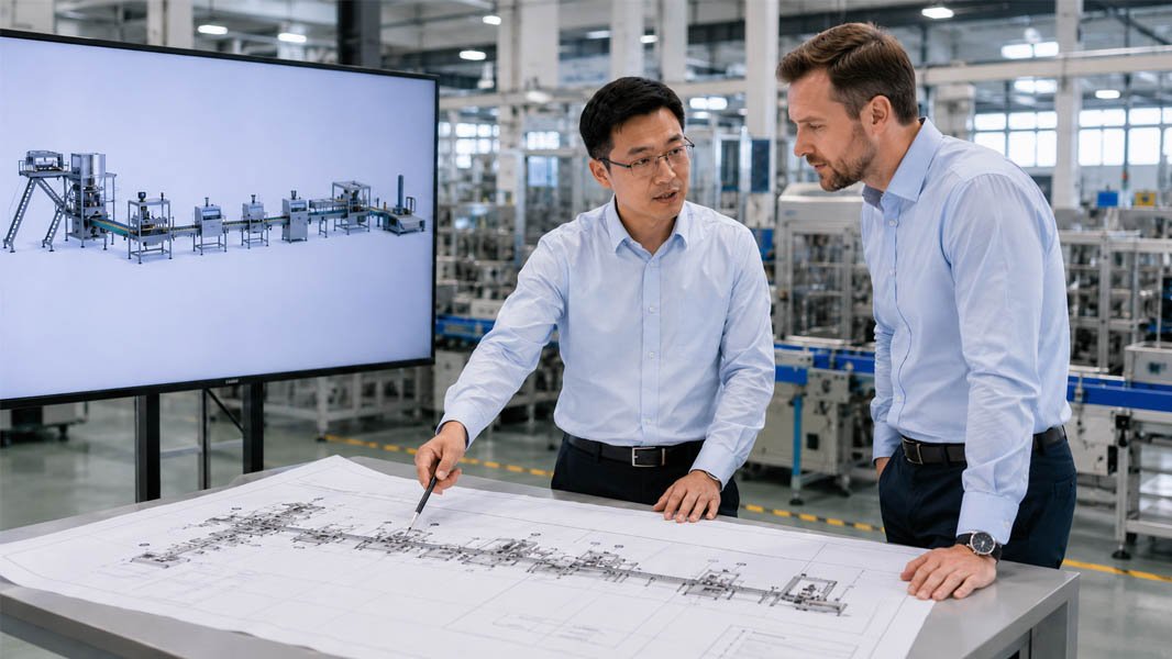 A Smartpack engineer reviewing a complete packaging line layout with a client